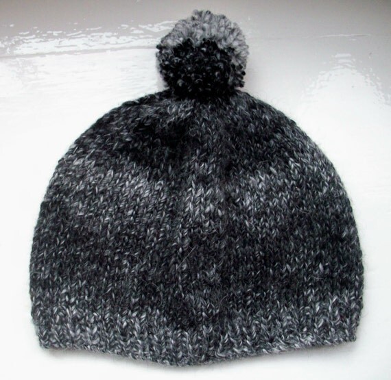 Pompom beanie hat warm wool alpaca black grey by SpinningStreak