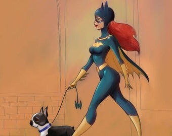Batgirl walking a boston terrier