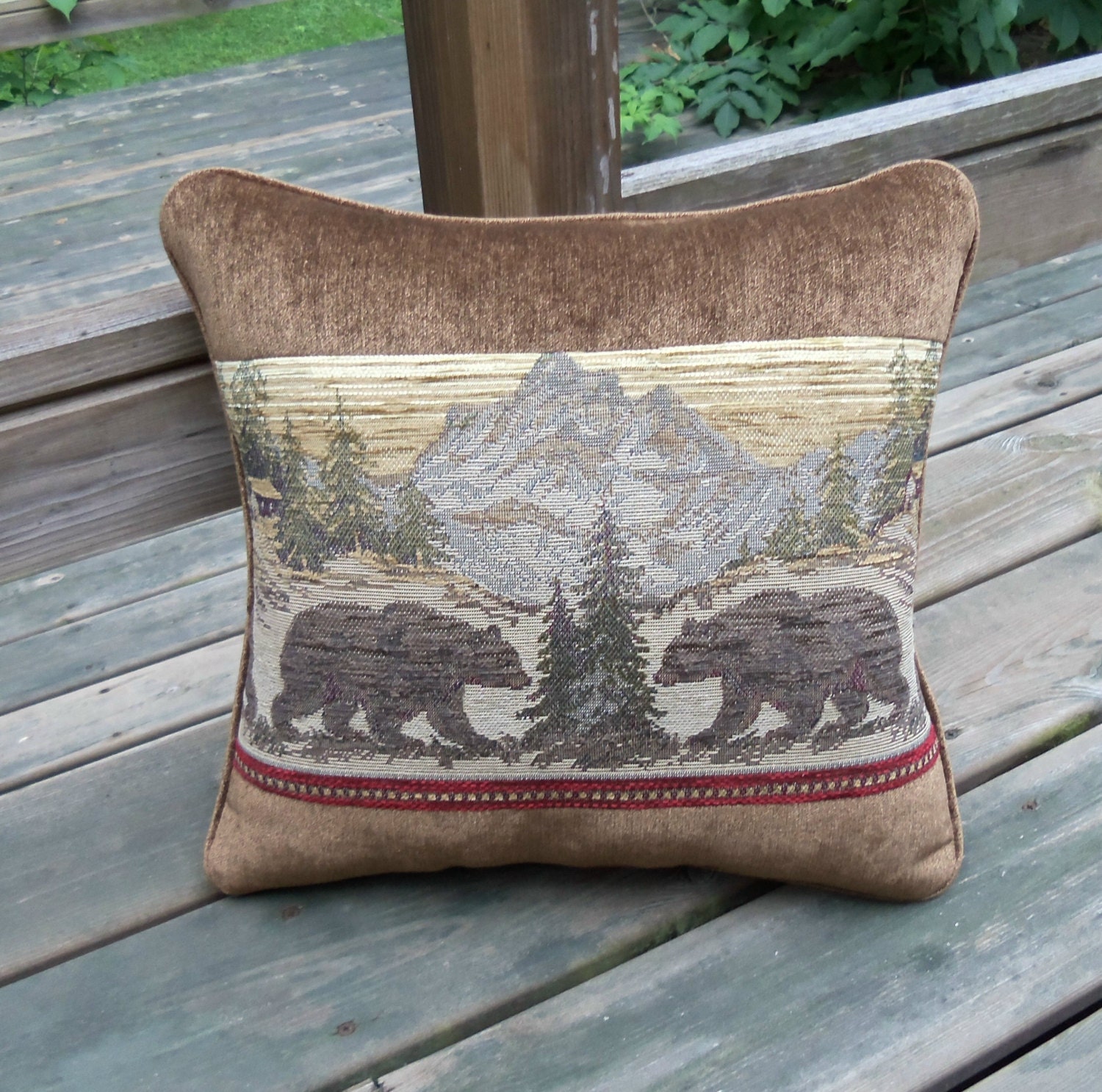 Bear Chenille Tapestry Pillow Cabin Decor Lodge Look