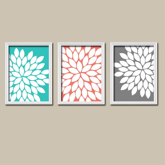 Turquoise Coral Wall Art CANVAS or Prints Charcoal by TRMdesign