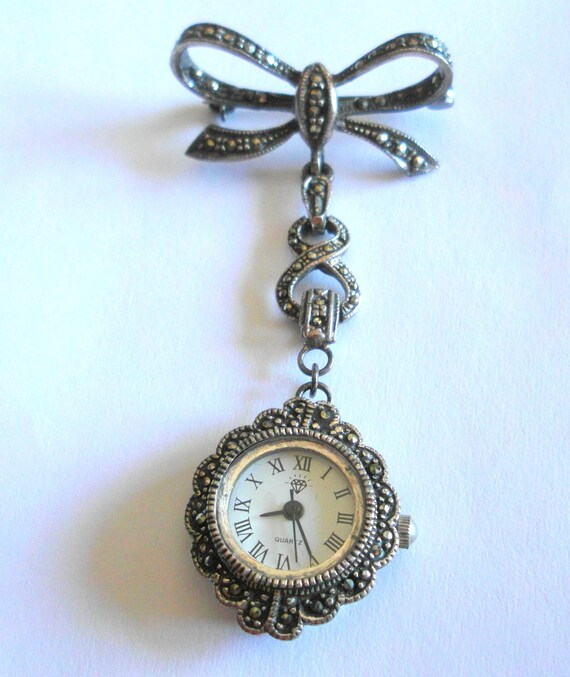 Vintage Marcasite Brooch Watch Sterling Silver by WishboneART