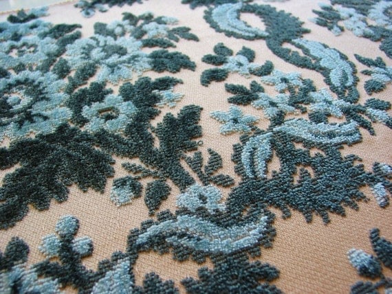 Vintage Cut Velvet Chenille Fabric Blue Floral and Ribbon