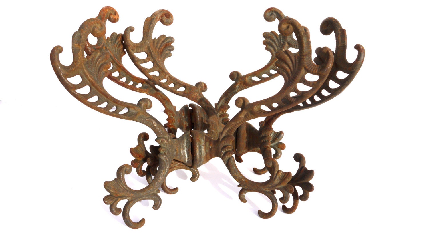 Antique Hall Tree Hooks Double Armed Ornate Cast Iron Foyer