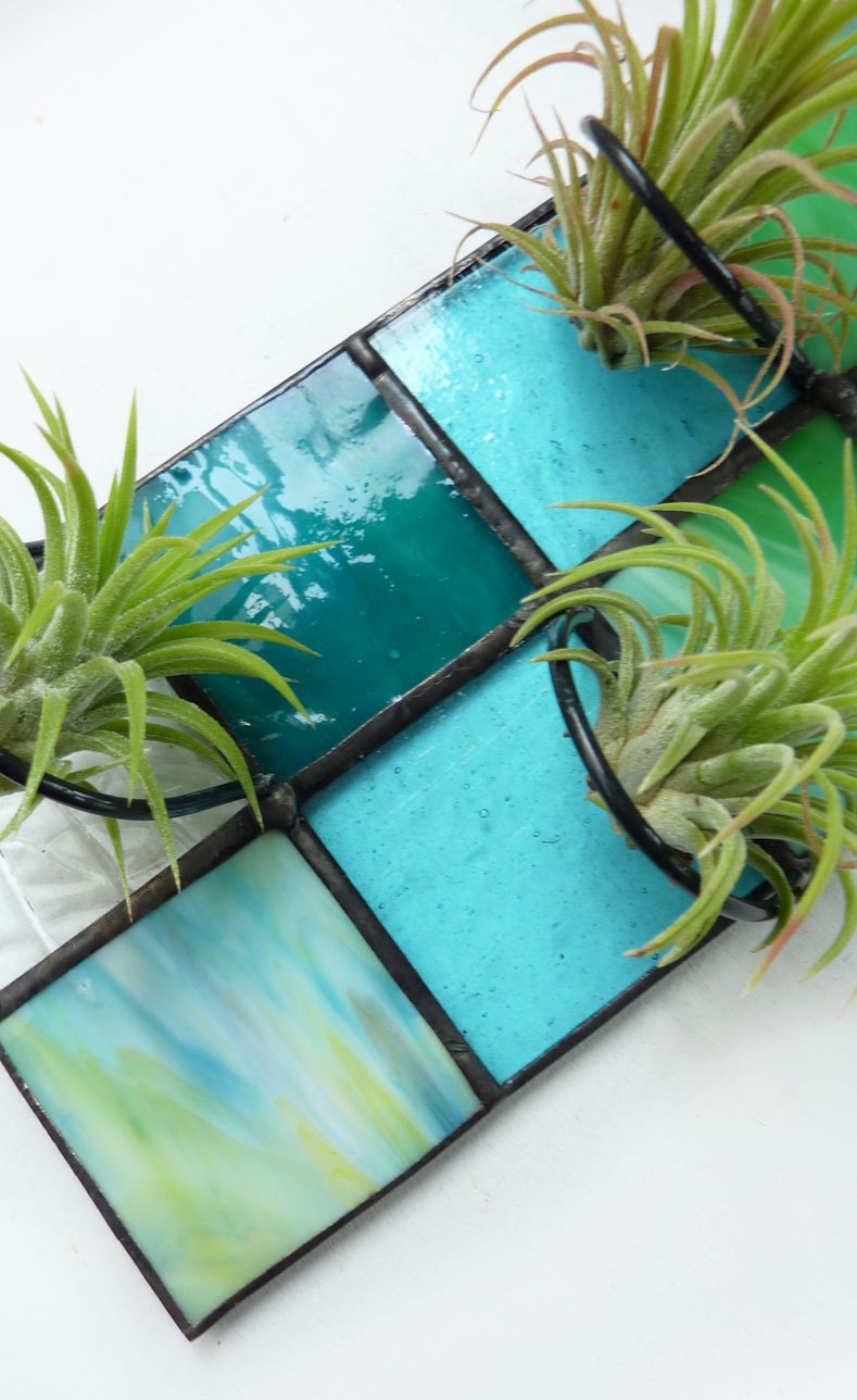 Stained Glass Panel Air Plant Holder Ocean Green Blue