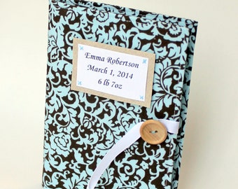 personalized baby book blue and brown damask photo album