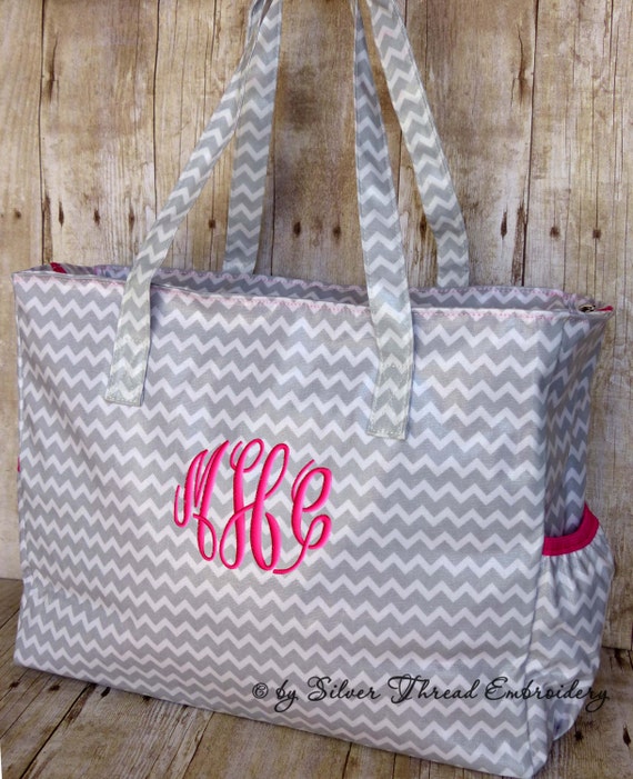Personalized Diaper Bag Chevron Gray Hot Pink Monogrammed