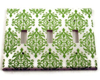 Triple Light Switch Plate Wall Decor Switchplate Cover in Green Damask (204T)