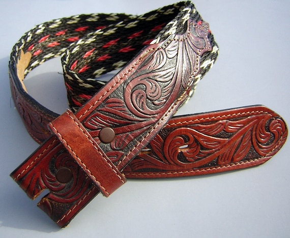 Vintage 70s Tooled Leather Woven Horse Hair Belt by DecadencePast