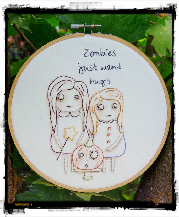 Halloween ZOMBIES embroidery PDF Pattern - just want hugs girls stitchery primitive hoop art Pumpkin PRIM