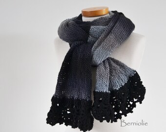 Knitted scarf,shades of grey with lace crochet trim K101