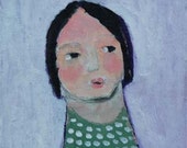 4x4 Mini Painting on Chipboard, Original, Acrylic Portrait, Darcy, Girl, Green, White Polka Dots