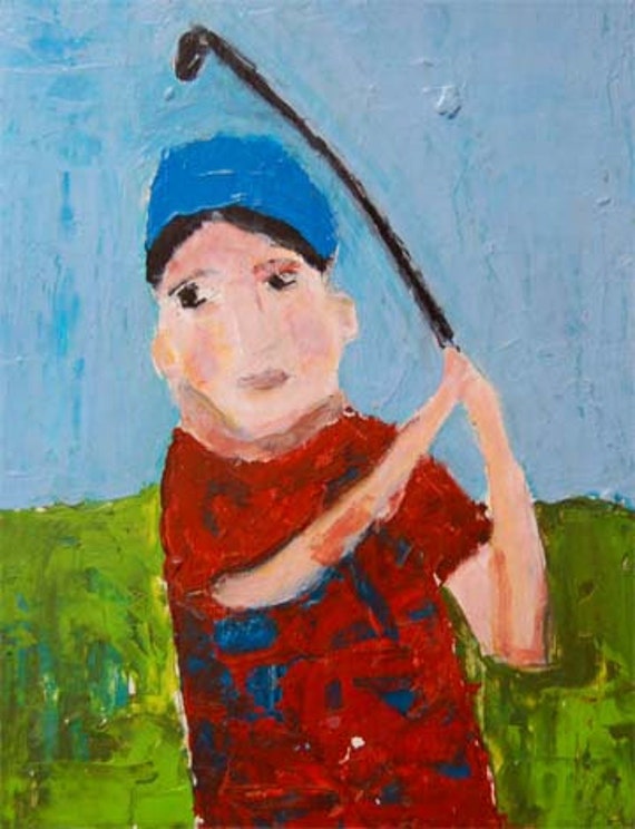 Acrylic Palette Knife Painting 8.5x11 Fore, Original Portrait man, golf club, blue sky, Red Hawaiian Shirt, black, green golf course