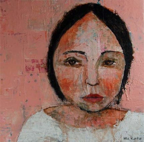 Acrylic Collage Portrait Painting, Mixed Media, Palette Knife Painting, Woman, Pink, 12x12 Canvas