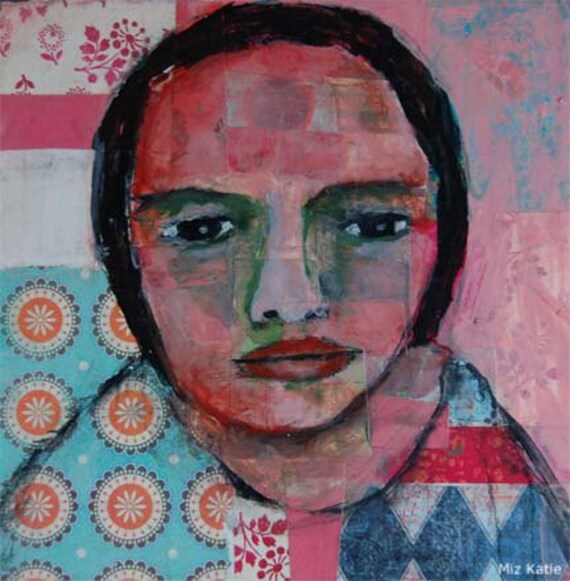 Acrylic Portrait Painting Collage 8x8 Troubled Mind, Original, Mixed Media, Girl, Red, Blue, Face, Brown Eyes, Circles, Triangles, Blue