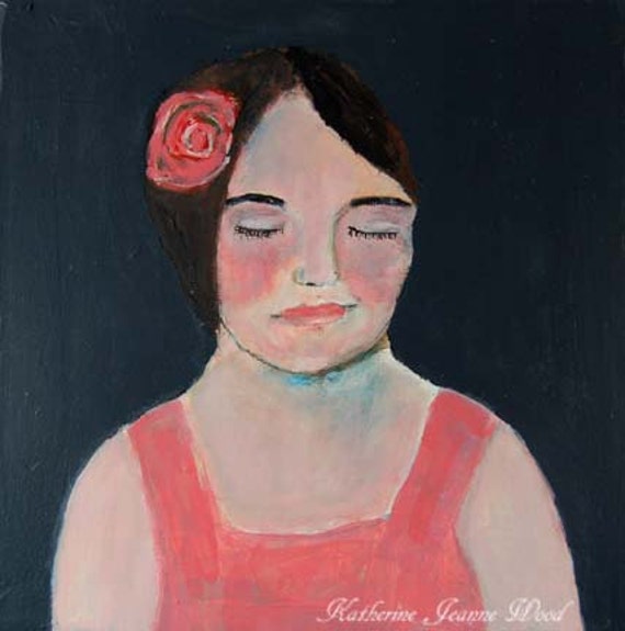 Acrylic Portrait Painting, 10x10, Original, Mixed Media, Girl, Eyes Closed, Pink, Rose in Hair, Shutting Out the Light