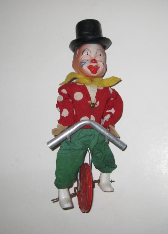 Antique Toy Clown On Unicycle High Wire Tight Rope Made In