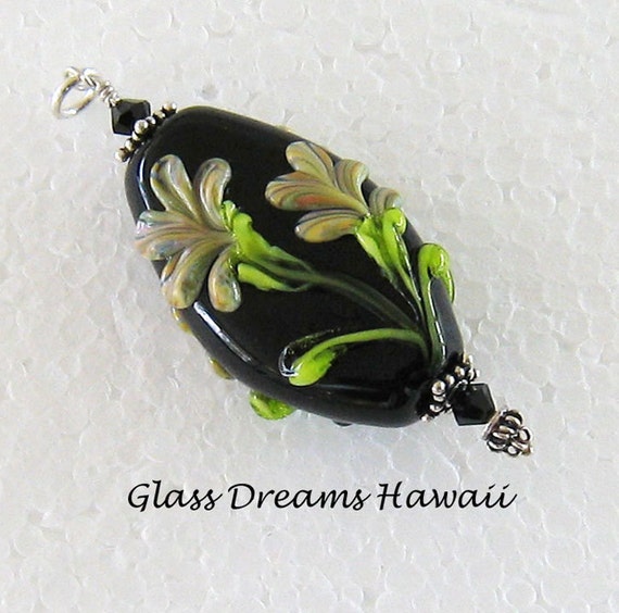 Lovely Lampwork Glass Pendant - Artisan Jewelry - Black with Ivory - Glass Bead Necklace