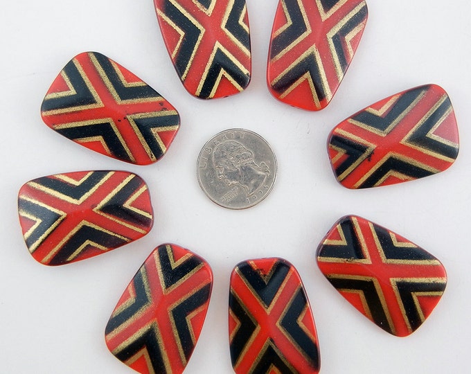 8 Large Tribal Ethnic Red Design Stenciled Acrylic Beads Double Sided