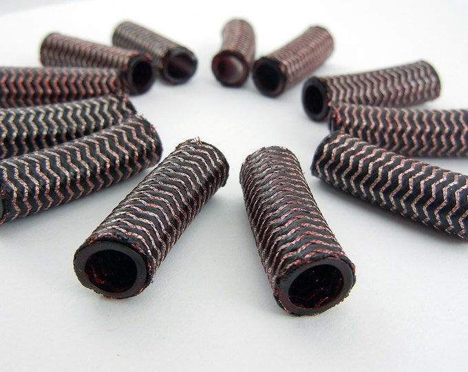 12 Woven Over Acrylic Tube Beads Chevron Design Black and Brown