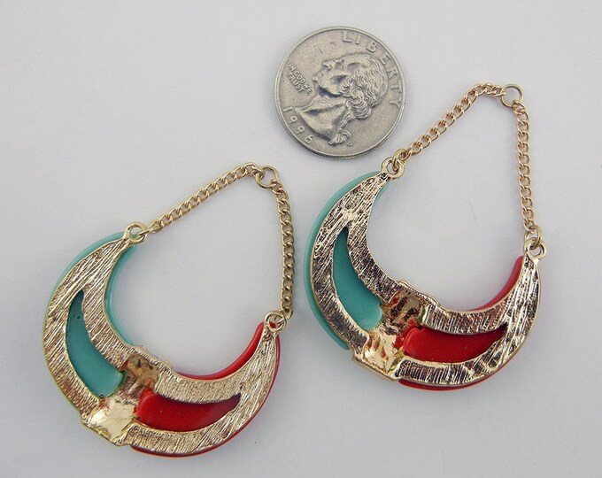 Pair of Tribal Crescent Horn Shaped Drop Charms Red and Turquoise Acrylic with Chains Rhinestones