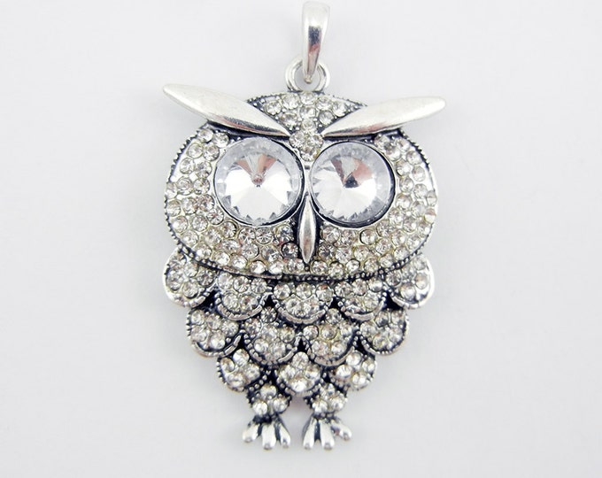 Antique Silver-tone Rhinestone Owl Pendant