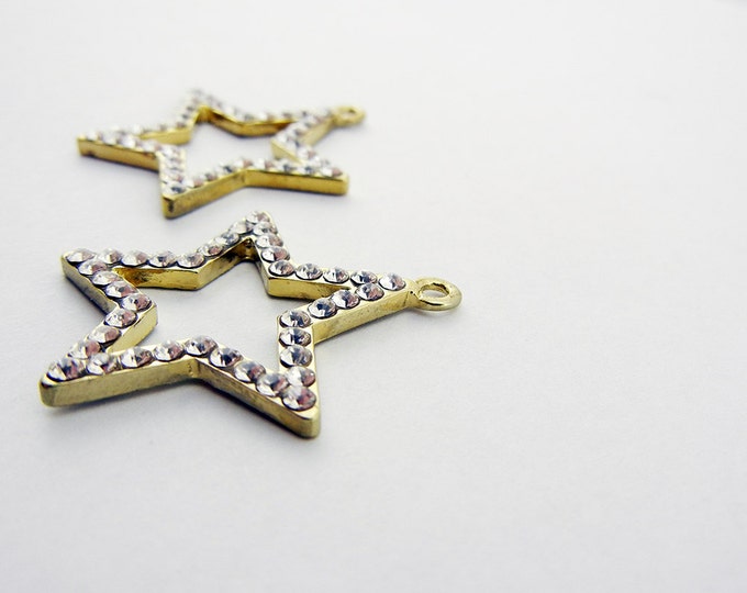 Pair of Celestial Rhinestone Outline Star Charms Gold-tone