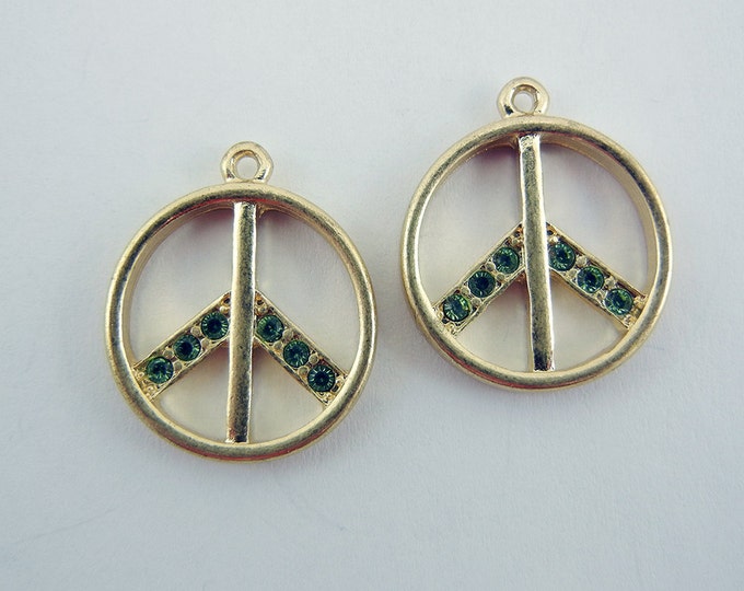 Pair of Green Rhinestone Peace Signs Matte Gold-tone Peace Sign Charms