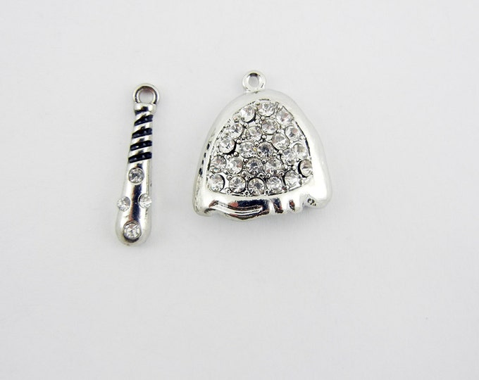 Set of Baseball Glove and Baseball Bat Charms Rhinestone Encrusted