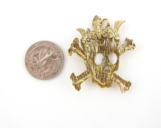 Skull and Cross Bones with Crown Charm Pendant Yellow Gold-tone