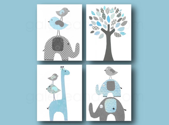 Blue and gray Elephant Nursery giraffe nursery wall art kids room baby nursery children art tree nursery Set of four prints GalerieAnais by GalerieAnais