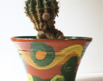 Earthenware Flower Pot OOAK Abstract Decoration Seven Inches in Diameter at the Top Lip