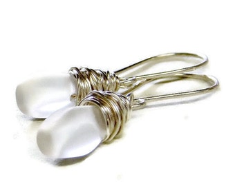 Drop Earrings, Matte Glass Earrings, Wire Wrapped Earrings, Eco Friendly Jewelry, Gifts for Her