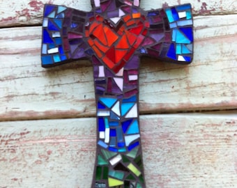 Medium Mosaic cross with heart- purples, blues, greens