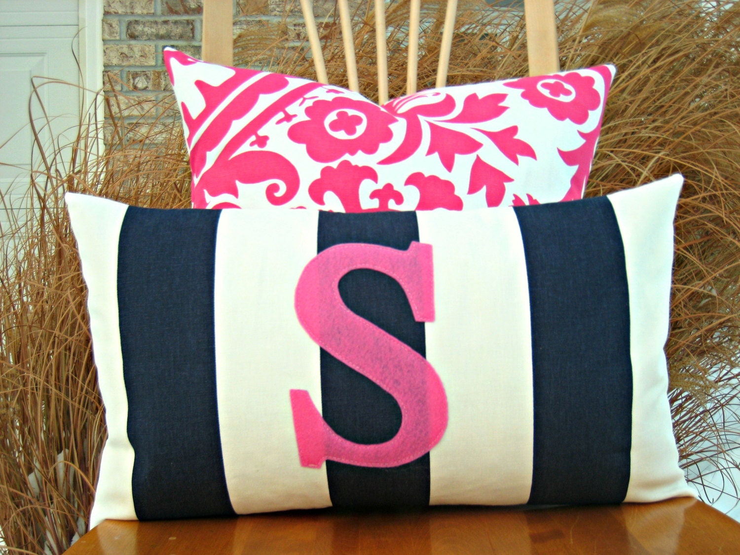 Monogrammed Lumbar Pillow Cover Navy and White Stripe with