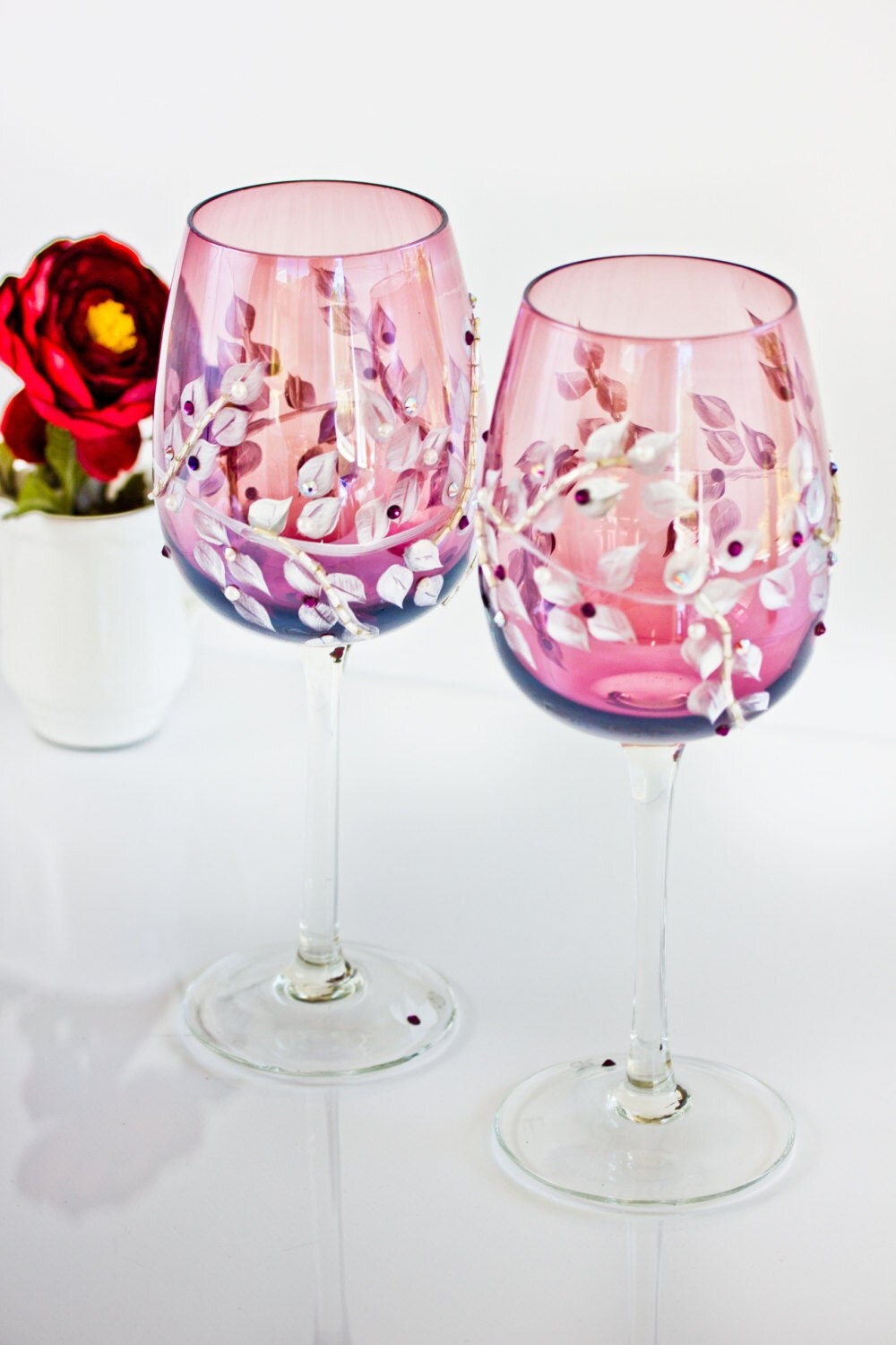 Amethyst Crystal Painted Wine Glasses Embellished with