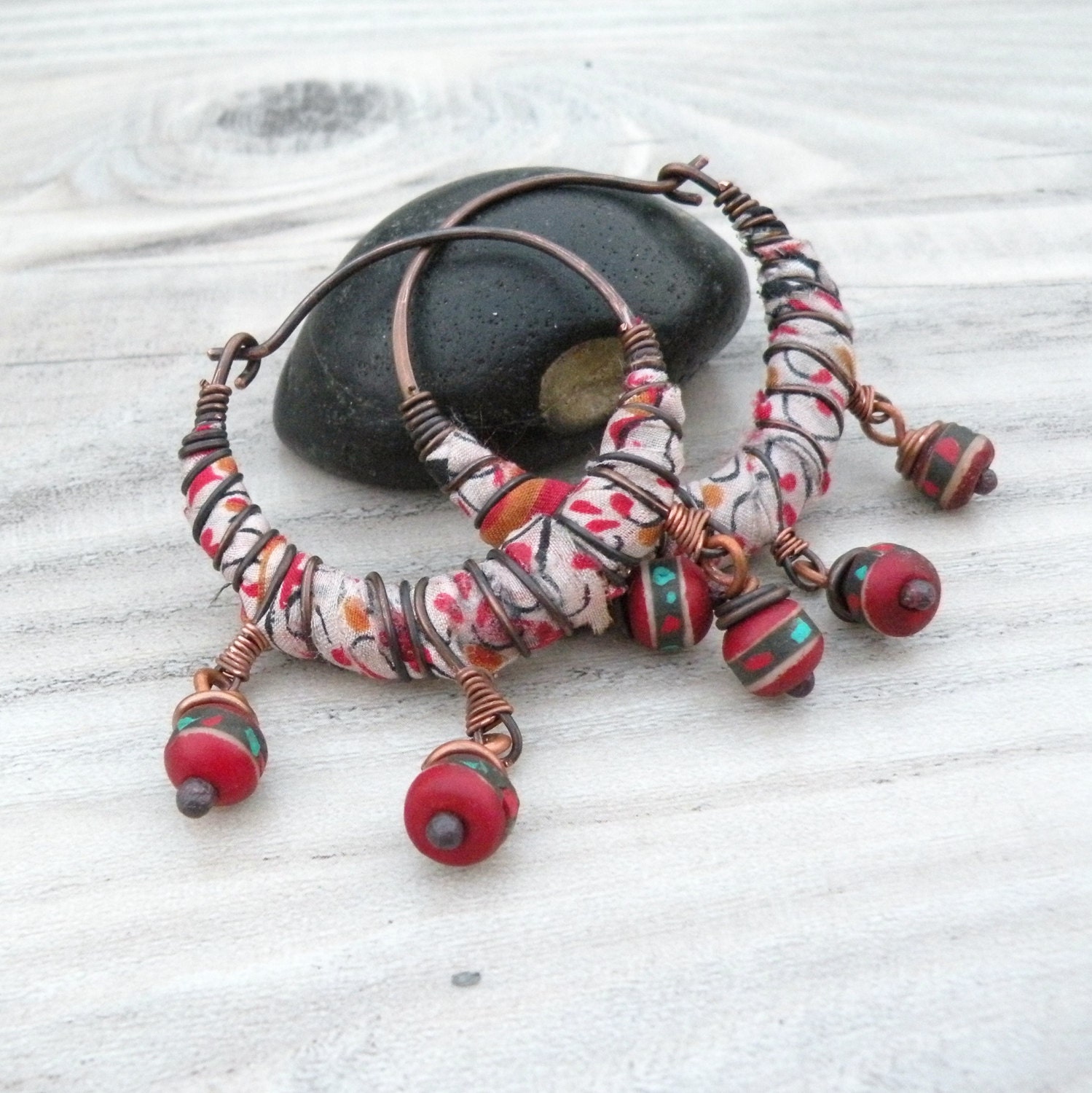 Silk Road Gypsy Hoop Earrings Rustic Boho Silk Wrapped