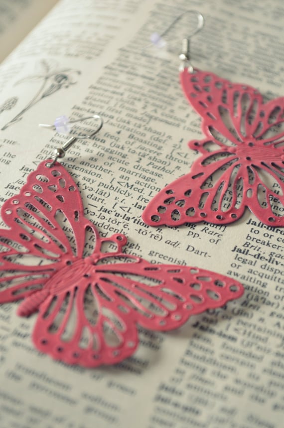 Large Cotton Candy Pink Butterfly Metal Filigree Boho Earrings Dangle Dangly Lacy Lace Bohemian Hippie Chic