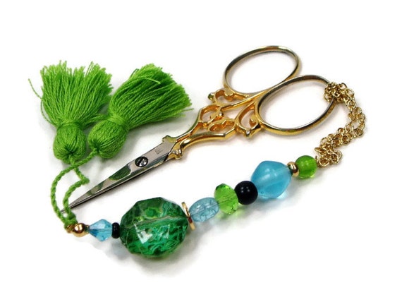 Scissor Fob Aqua Blue Lime Green Black Cross Stitch by TJBdesigns