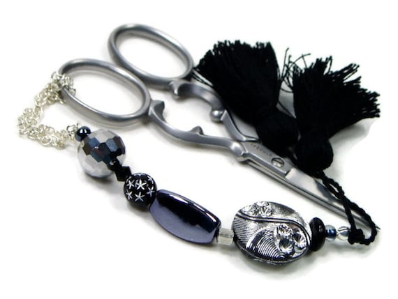 Beaded  Scissor Fob, DIY Crafts, Cross Stitch, Needlepoint ,Sewing, Quilting, Gift, Black, Silver, TJBdesigns