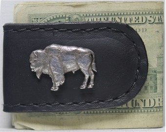 Handcrafted Leather Money Clip with Buffalo Concho