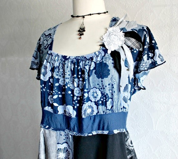 Navy Blue Shirt Bohemian Top Upcycled Clothing Gypsy Tunic Eco