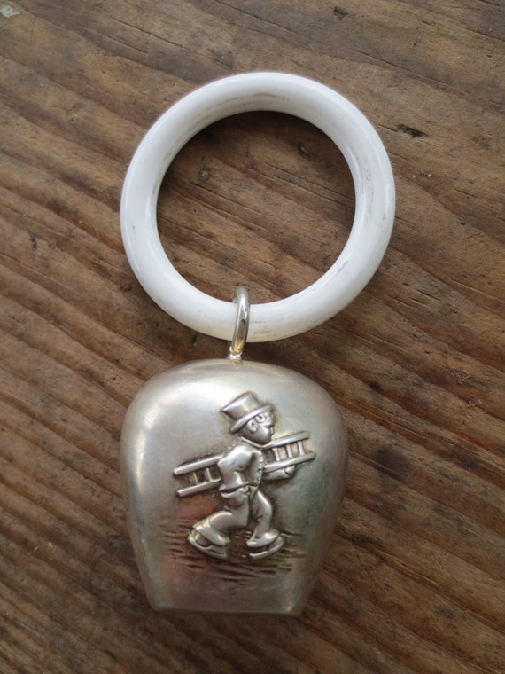 SALE Antique Baby Rattle Metal and Plastic Silvetone Rattle