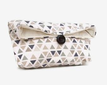 Handmade Makeup Bag, Triangle Clutch, Geometric Clutch Purse, Blue Gray Beige Ivory Travel Wedding Accessory, Gift Under 25, Bridesmaid Gift