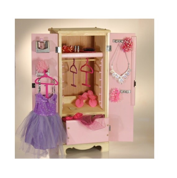 Items similar to Doll Armoire with large drawer, shelves and hanger rod