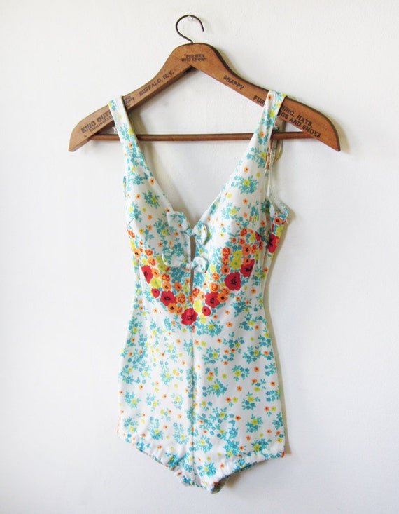 vintage 70s swimsuit / white floral 1970s swimsuit / cole of