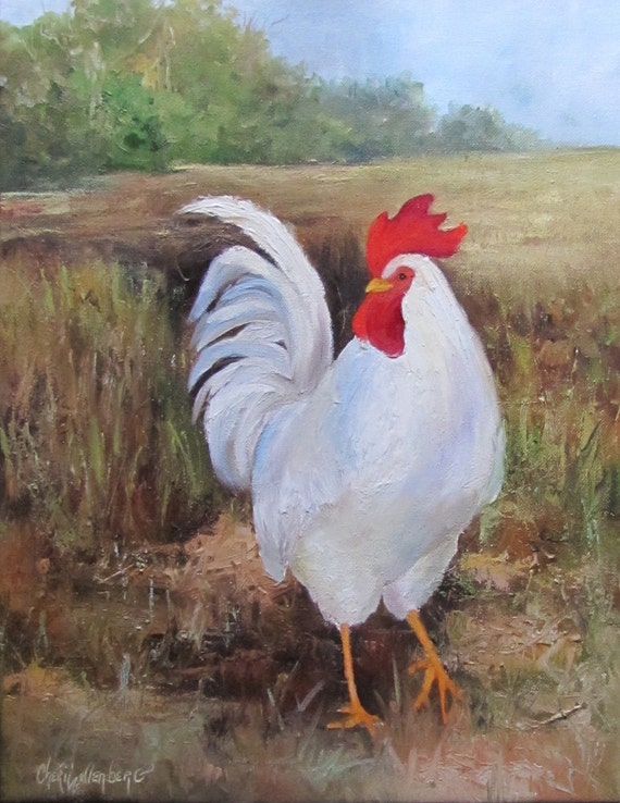 Items similar to Animal Painting White Rooster Large 16x20 Canvas ...