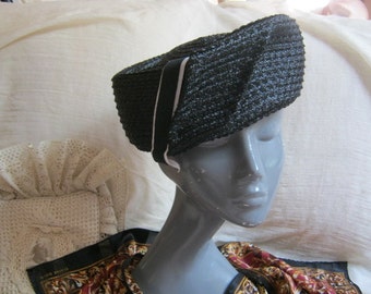 Vintage Black woven pillbox hat, twisted raffia look black large pillbox hat, angled large pillbox hat with ribbon, black white hat