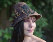 Felt Pixie Lace Leaf Leather Hat With Swirls Spirals Feathers and Brass Ornament OOAK