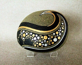 3D Art Object Unique Art Painted Rock Original Art Signed Home Decor Office Decor Galaxy Stars Design Gold Silver Black The Perfect Gift