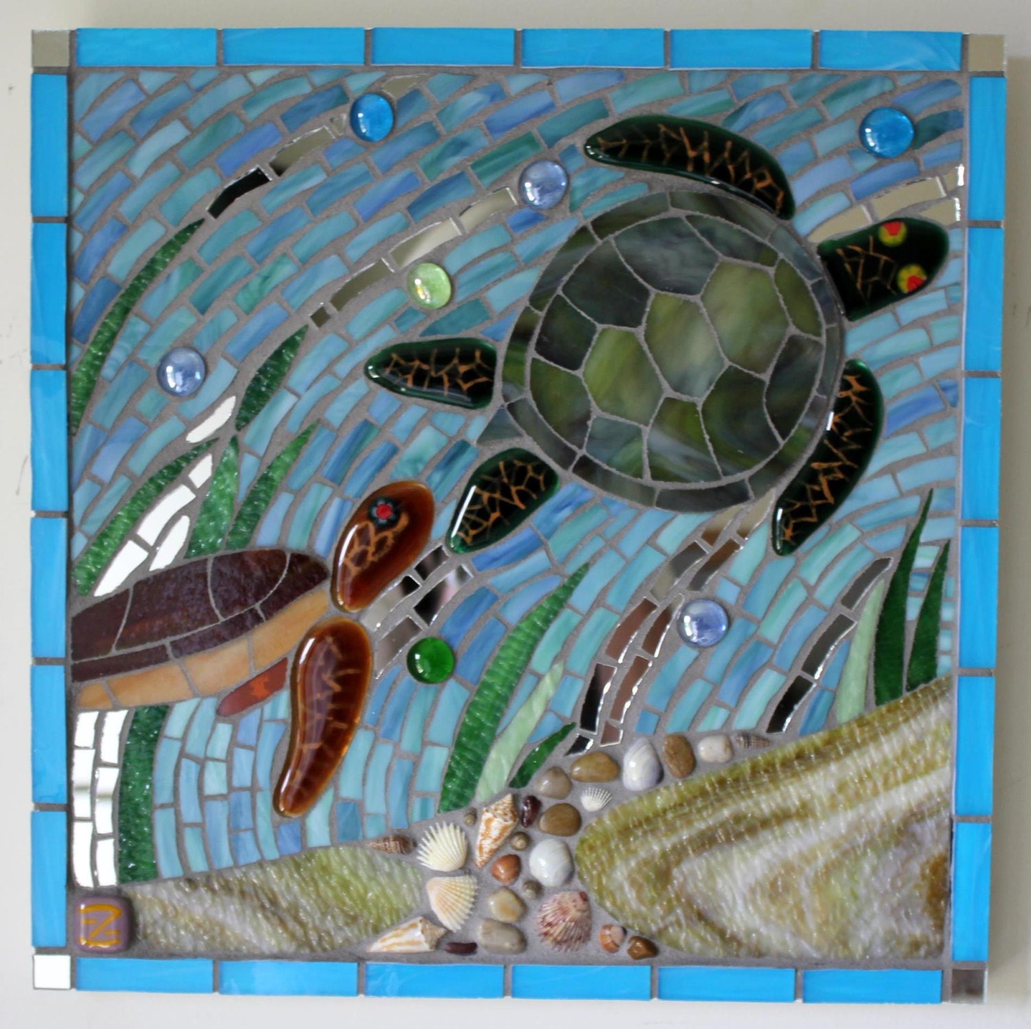 Mosaic Stained Glass Sea Turtles Caretta Ocean Sea